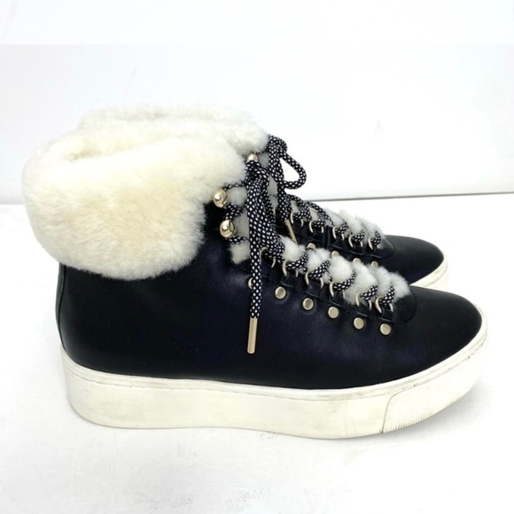 JOIE Handan Shearling High-Top Fur Cuff Leather Platform Sneakers in Black Sz 5 - Picture 5 of 10